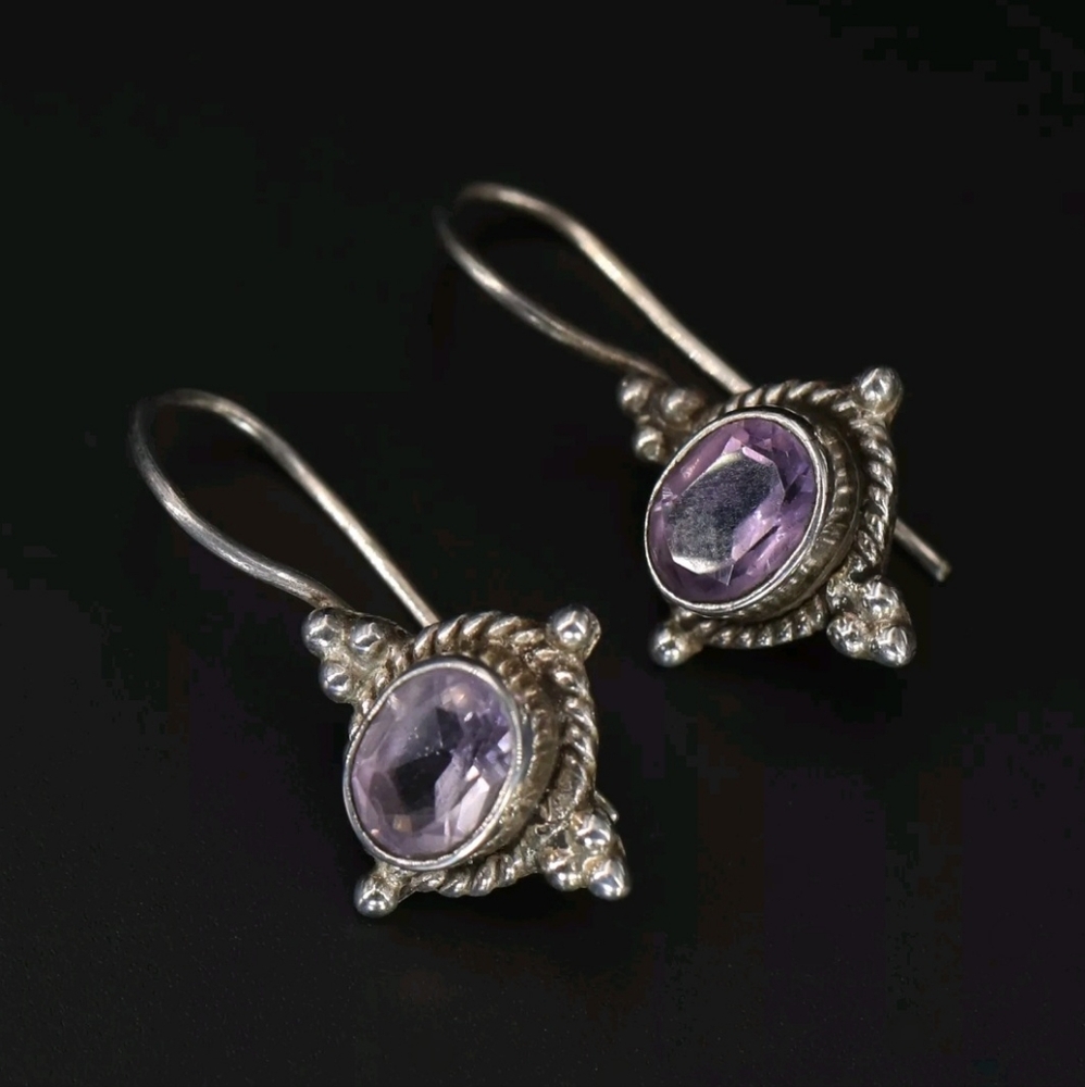 Vintage Sterling Silver 925 INDIA Amethyst Pebble Braided Dangle Earrings 4.5 gr